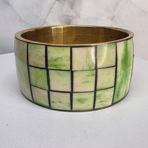 Vintage Wide Bone or Horn Inlay Grid Bangle Bracelet Gold Tone Statement Cuff